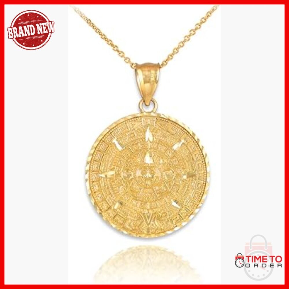 10K Yellow Gold Aztec Calendar Pendant Necklace with Rolo Chain